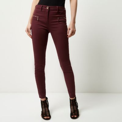 Red twill zip skinny trousers